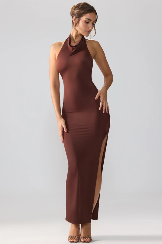 Premium Jersey Cowl Neck Backless Maxi Dress in Espresso - UK Size:10